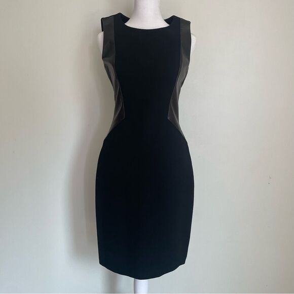 Halston Heritage Black Sleeveless Sheath Dress With Genuine Leather Contrast 4 - Picture 1 of 10